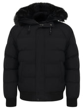 Load image into Gallery viewer, CAMPERDOWN FAUX FUR HOODED PUFFER JACKET IN BLACK
