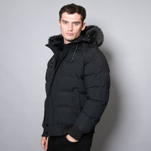 Load image into Gallery viewer, CAMPERDOWN FAUX FUR HOODED PUFFER JACKET IN BLACK
